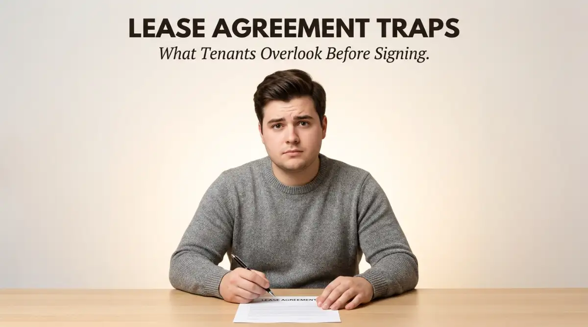 A concerned young tenant holding a pen over a rental contract, illustrating the costly lease agreement clauses tenants accidentally overlook before signing.