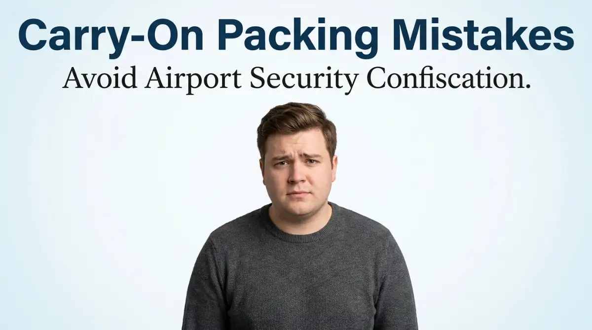 A concerned young traveler holding a packing checklist, illustrating the dangerous carry-on packing mistakes that can get your bags confiscated at security.