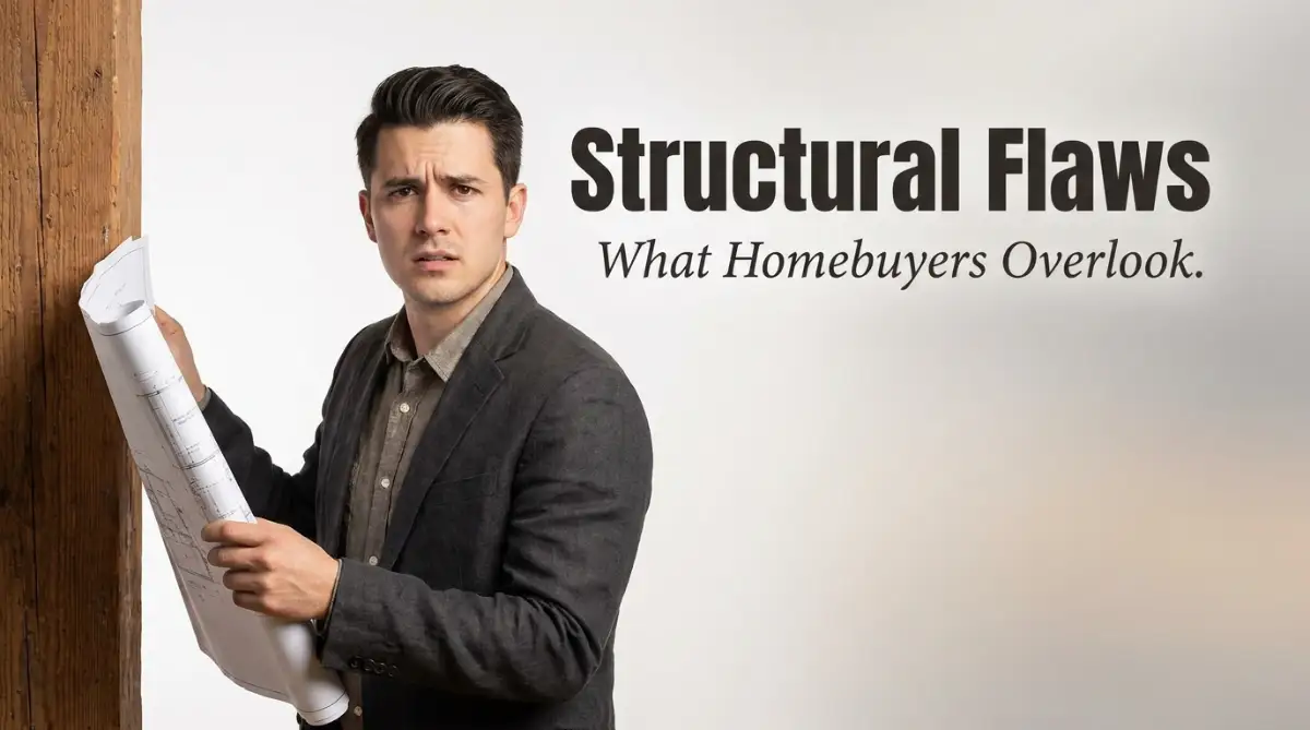 A concerned young homebuyer reviewing a blueprint, illustrating the dangerous structural warning signs most homebuyers overlook during inspections.