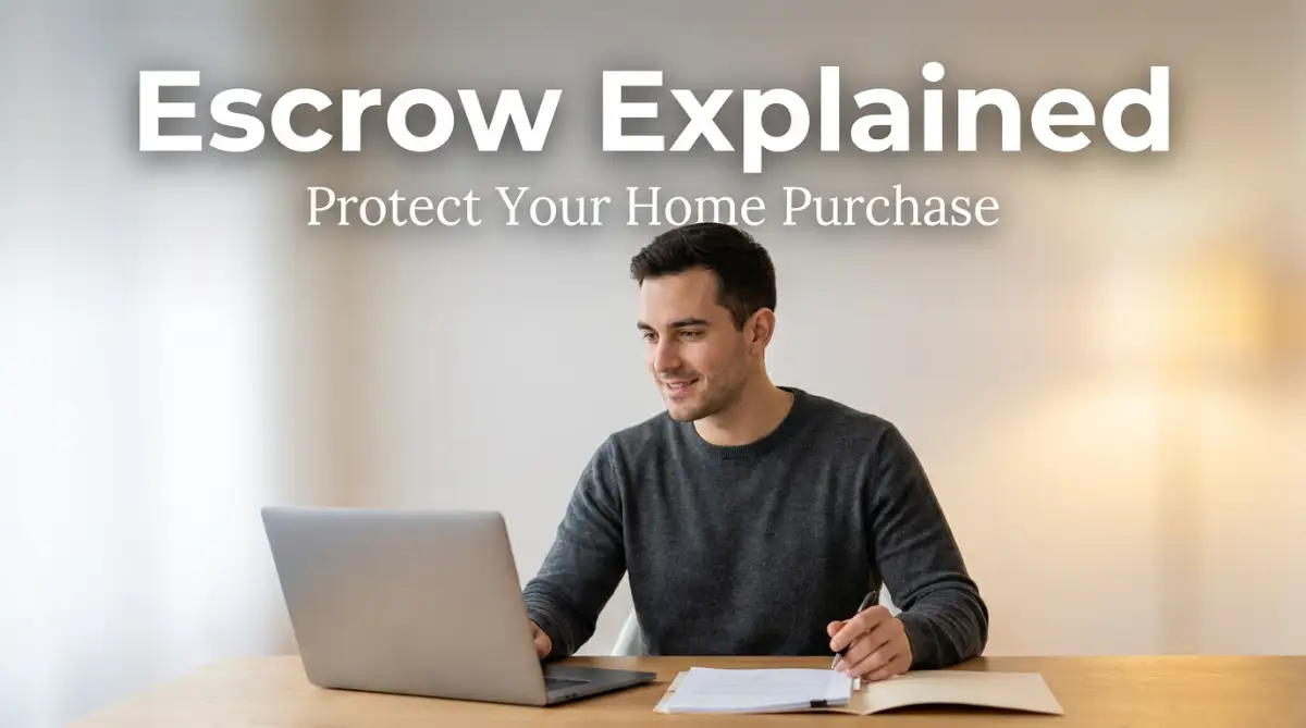 A focused young homebuyer reviewing his property contract on a laptop, illustrating how escrow accounts work in property transactions safely.