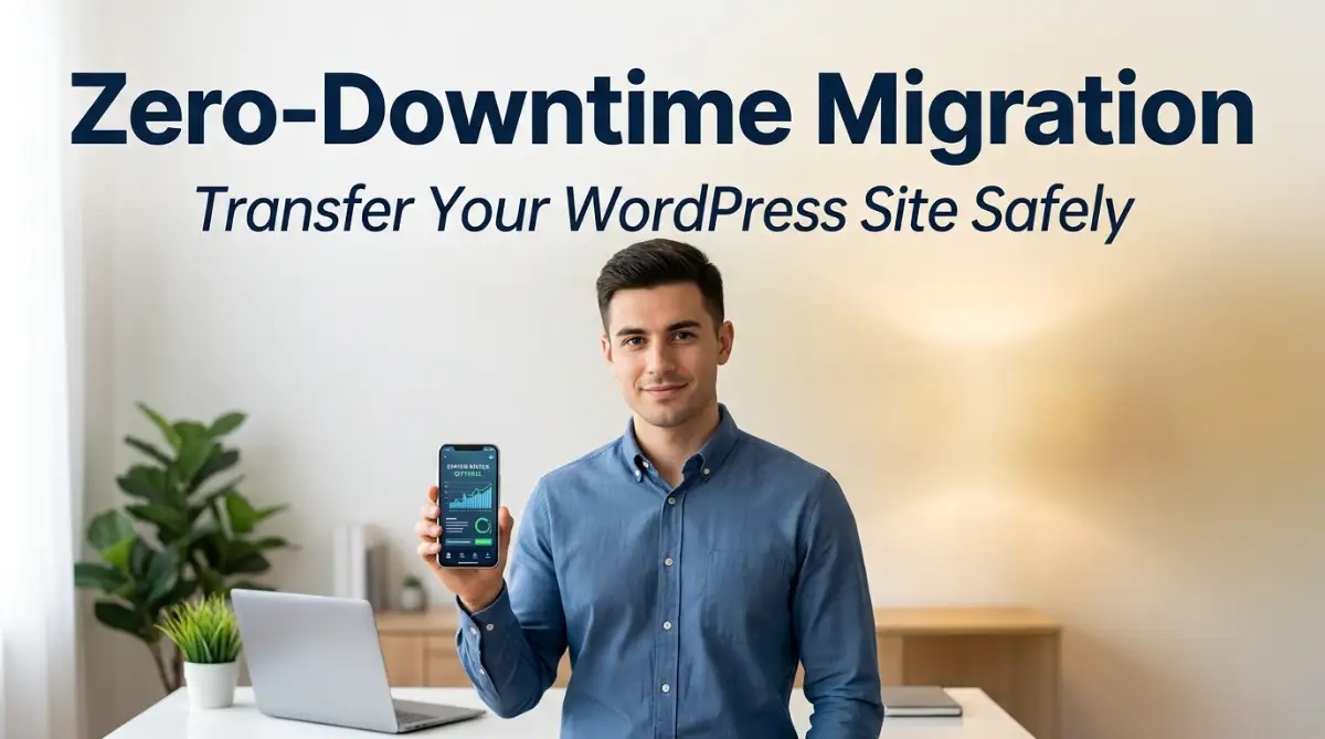A smart young developer managing his site migration on a laptop, illustrating how to migrate your WordPress website to a new host without any downtime.