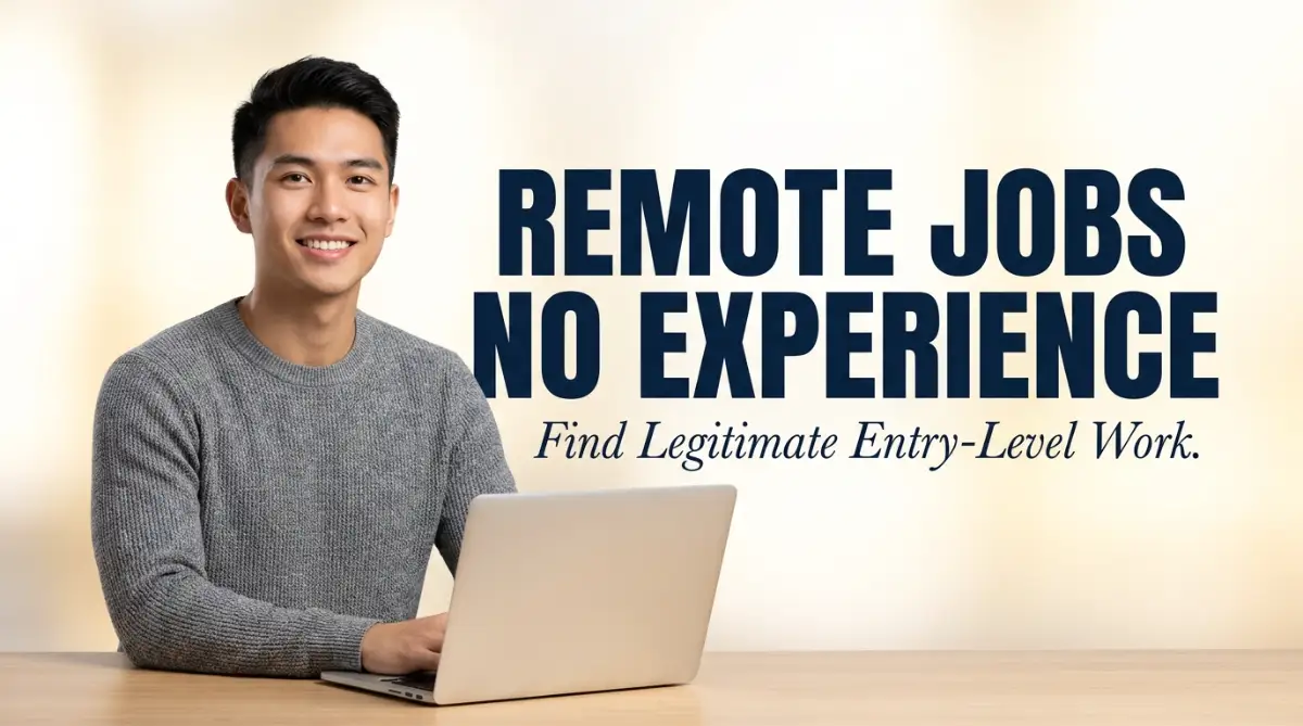 A hopeful young job seeker researching legitimate entry-level remote jobs without experience on his laptop at home.