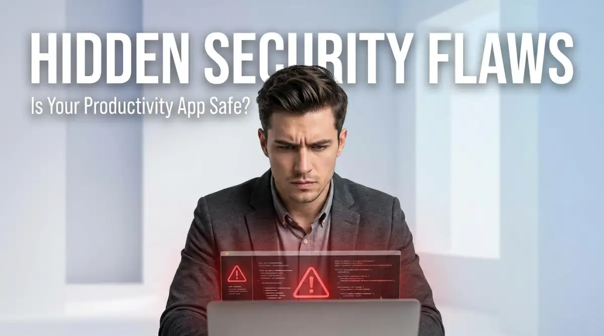 A concerned professional looking at his laptop screen, highlighting the unseen security flaws hidden inside popular free productivity applications.