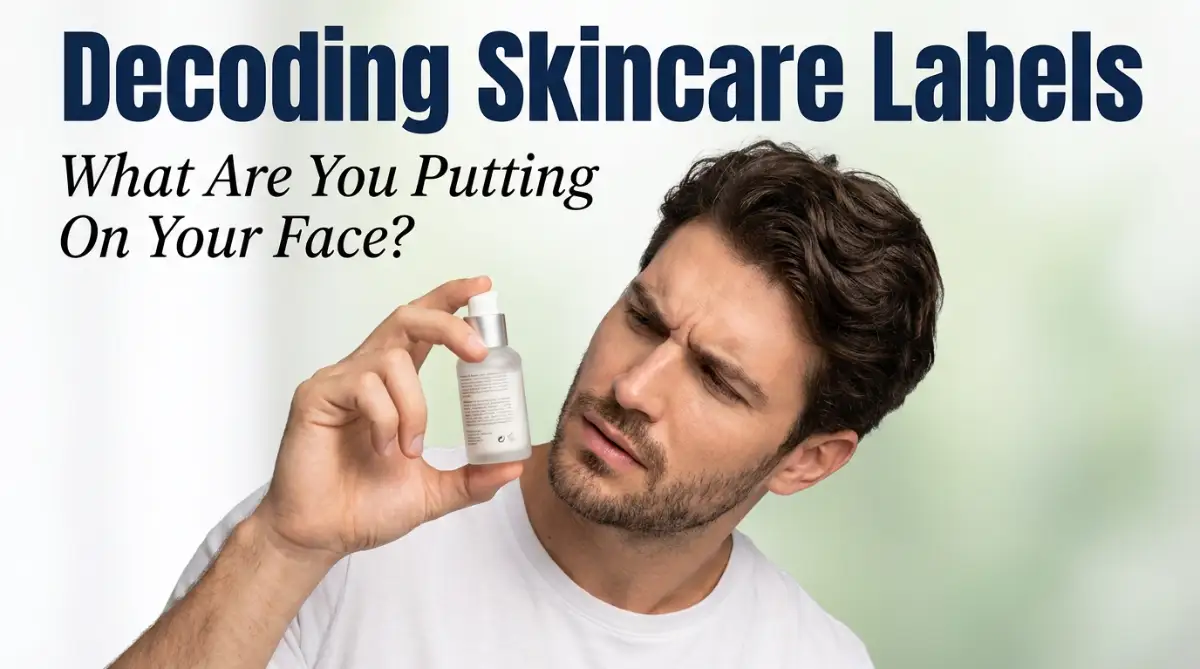 A confused young man trying to read a lotion bottle, illustrating the daily struggle of decoding complex chemical ingredients in daily skincare labels.