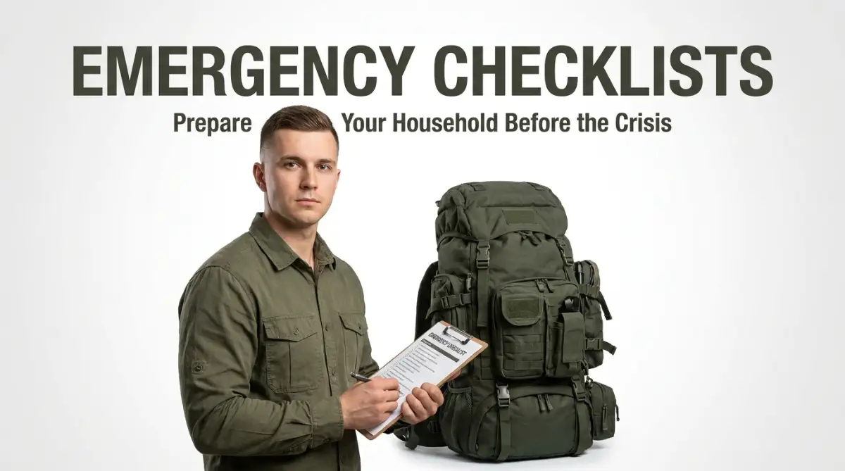 A focused father organizing his family's survival gear, highlighting the essential emergency preparedness checklists every household needs before a crisis hits.