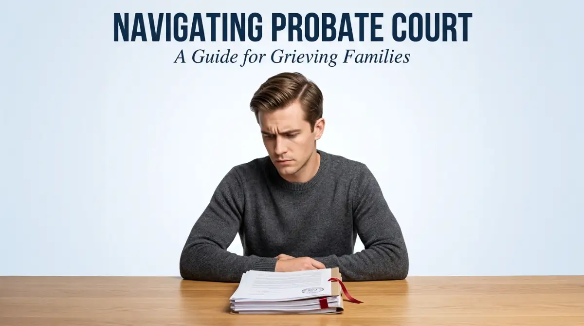 A thoughtful young man reviewing legal documents, representing the difficult process of navigating the complex probate court process after a family loss.