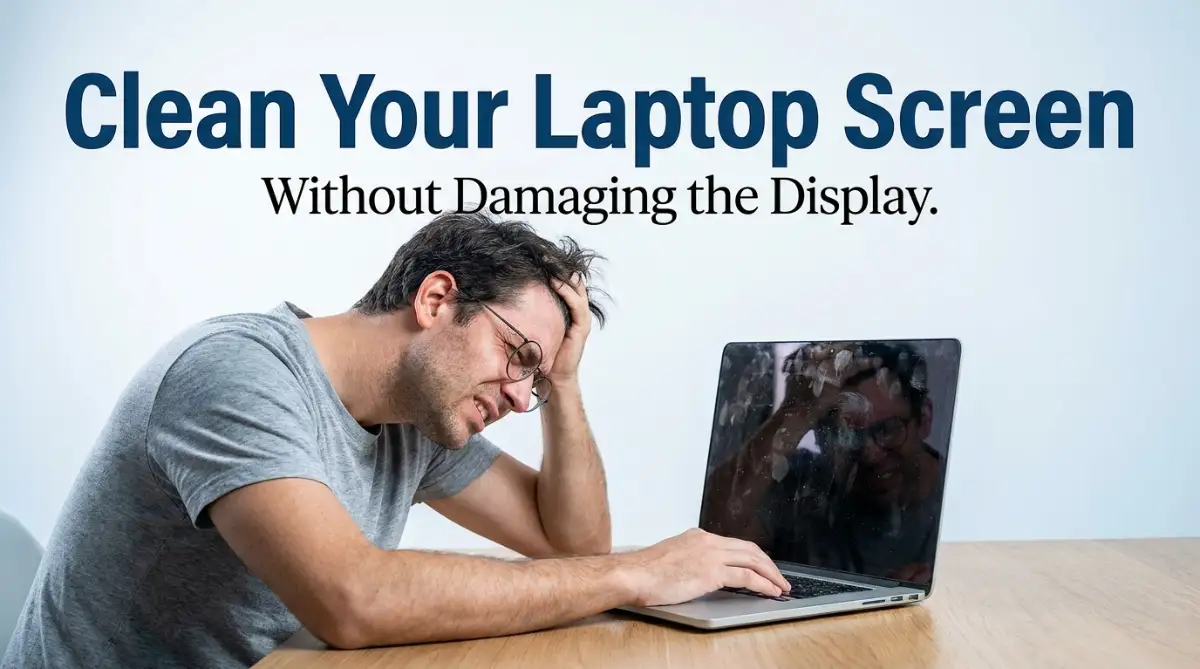 A frustrated young man looking at his dirty computer monitor, illustrating the safe methods of how to clean a smudged laptop screen without damaging the display.