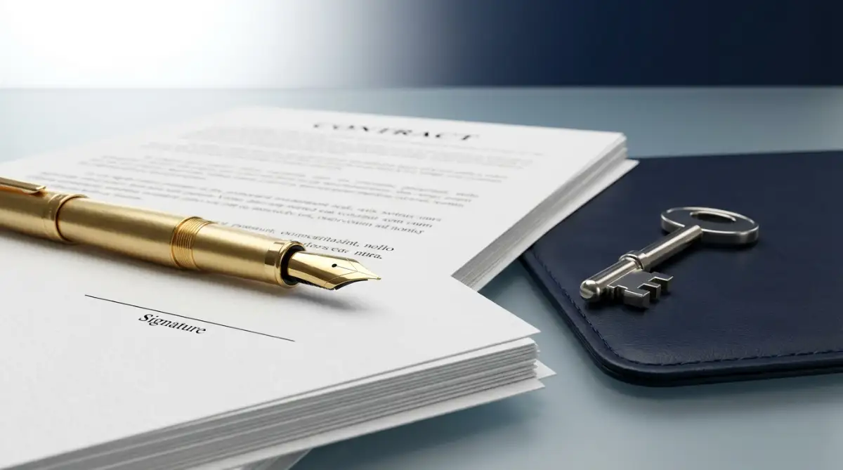 A person smiling with relief while signing a personal loan document at a modern wooden desk.
